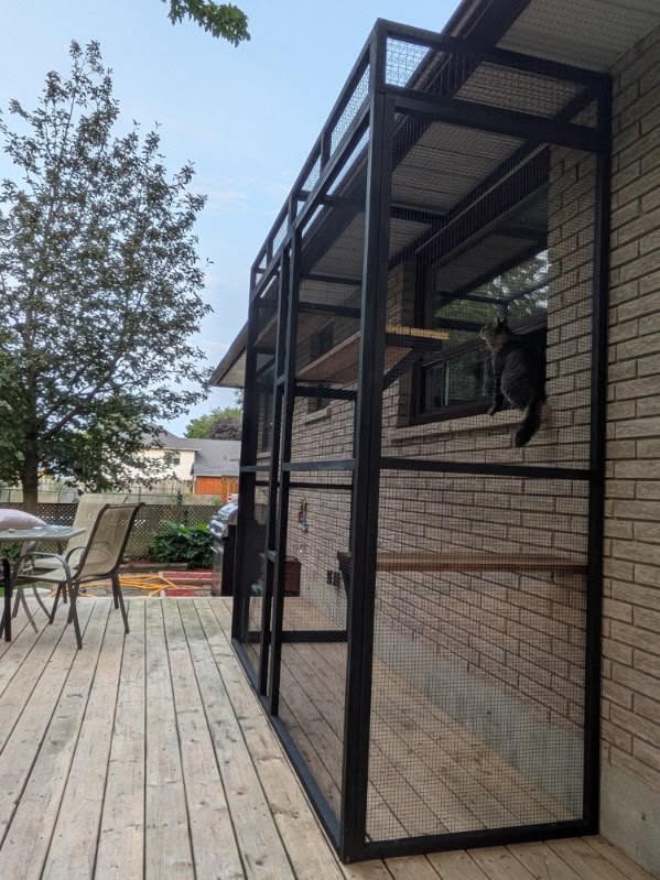 Long black-framed catio running the length of a deck along the back wall of a house